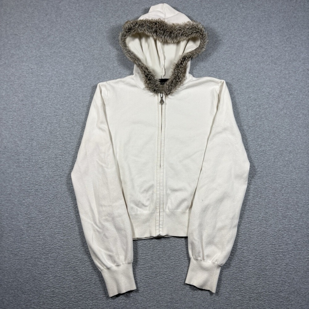 Vintage DKNY Jeans Faux Fur Trim Hooded Zip Up Cropped Cream Hoodie Women L Y2K